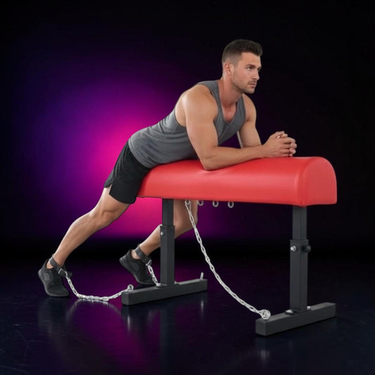 BDSM Bondage Bench met Enkelboei – Rode Spankbank van Staal & PU Leder