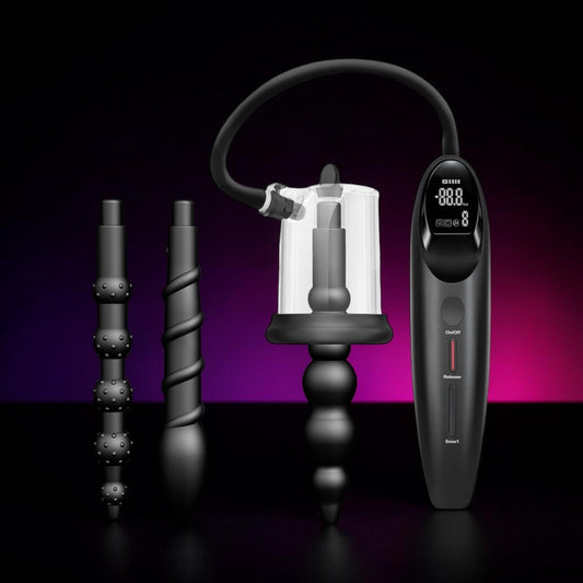 MISTERDOLL – Online shop - Mannelijke sekspoppen en Torso's in Nederland 🇳🇱 & België 🇧🇪 Smart Anaal Budrose Pomp met zwarte siliconen opzetstukken en digitaal bedieningspaneel voor zuigkracht.